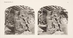 This black and white stereoscopic image features two images of wall carvings and a large Egyptian king relief. There are two smaller figures in the lower right hand corner.<br />