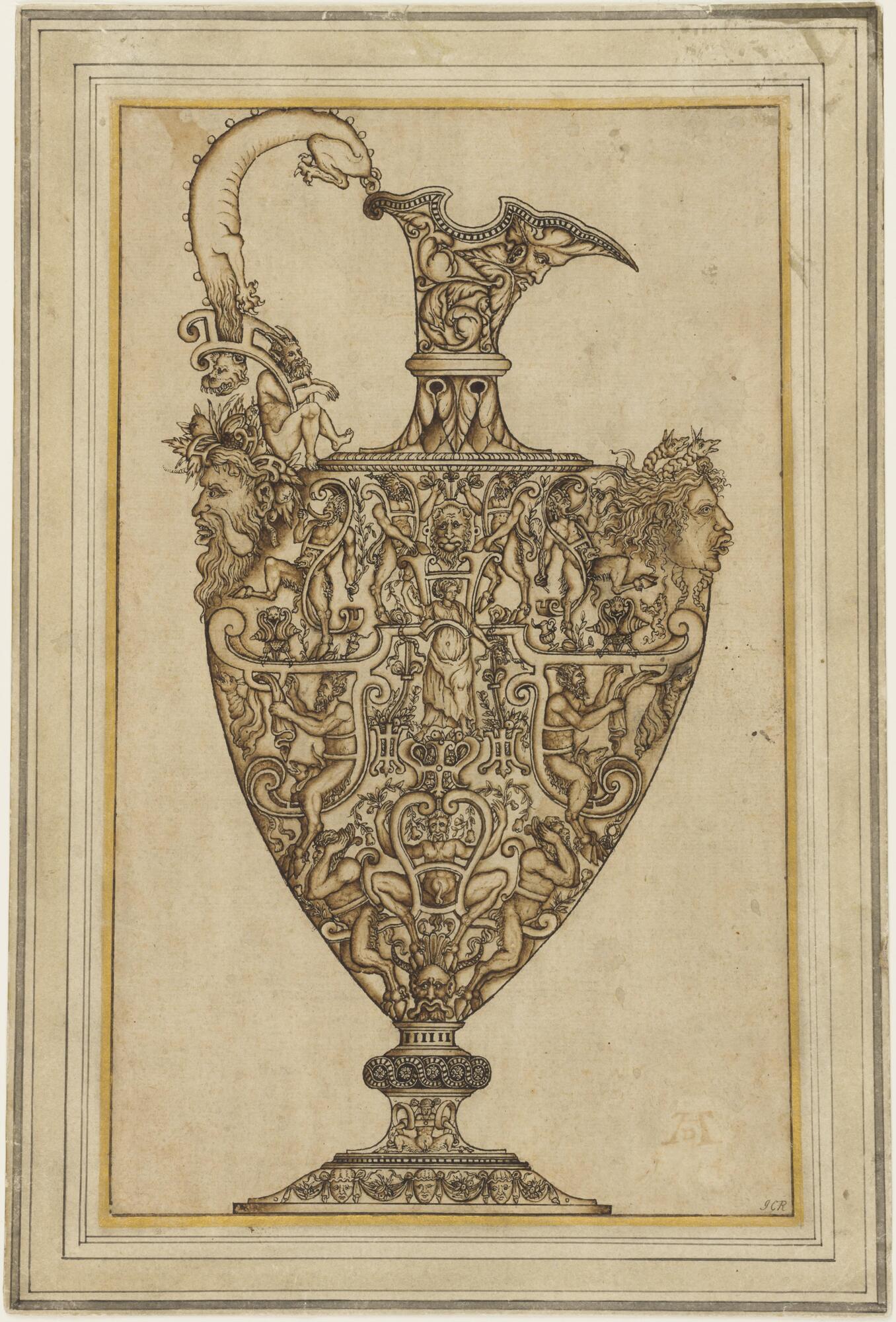The ewer in this drawing is decorated with cavorting satyrs, lions, and grotesque masks.