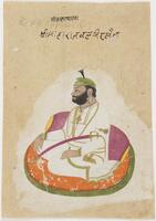 Balbir Sen of Mandi sits with his legs tucked under him against a purplish bolster on an oval orange carpet with a green border.  He wears a white garment with green borders and some jewelry:  a ring, bracelets, an armlet, necklaces, earrings and wears a green turban with a turban jewel across the front, surmounted by a black feathered aigrette.  A sword signifying his rank lies across his body.  He sits in strict profile with a heavy black beard and mustache.  The paper is plain and uncolored except around the figure, which is painted against a white wash taking the shape of the seated man and his setting.<br />Inscriptions in devanagari script are above the painting.<br />
