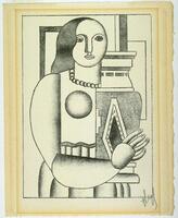 In this print we see a three-quarter length portrait of a woman holding a large vase. She holds the vase to her left with her right arm stretching across her torso to secure it. She wears a beaded necklace and a dress with a pleated skirt and her hair falls behind her shoulder on the left. The belly of the vase is decorated with a large black diamond and the neck and rim with two solid and one dashed horizontal lines. The background also includes several horizontal and vertical lines. A thin border has been drawn around the whole scene.