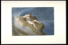 Clothed reclining figure on a rock. Swirling mist on the left of the image blends into the deep blue background above the figure and to the right.