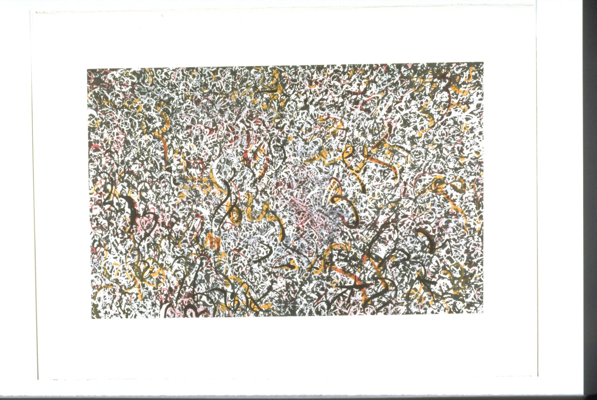 This abstract color lithograph is made up of swirling lines and patterns of white, black, orange, pink and green inks. These forms make up an all-over image and appear similar to splatters or drips of ink. The print is signed and dated (l.r.) "Tobey 1970" and editioned (l.l.) "19/200" in pencil.