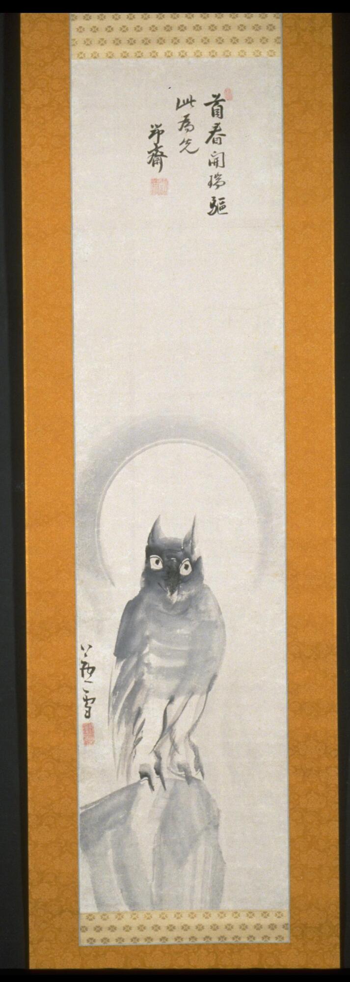 In this hanging scroll, Rosetsu depicts an owl perched on a rock in front of a large moon hanging low in the sky. The soft washes and quick brushstrokes used in the image create an overall sense of airiness, but maintain a clear sense of naturalism in depicting the owl's anatomy. 