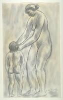 Graphite drawing of unclothed woman reaching down to touch the face of a smaller unclothed figure, visible from behind. Larson 2/7/18&nbsp;<br />
&nbsp;