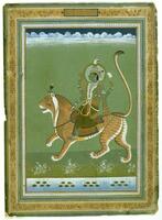 Two figures, Shani and his tiger are depicted centrally in the image. The background is very simple with some grass tufts and a pond near the very bottom of the images.