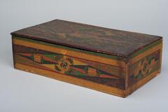 Lidded box covered in paper. The exterior is decorated with flowers and butterflies in green, red, and gold. There are no designs on the interior paper. The largest of three nesting boxes.