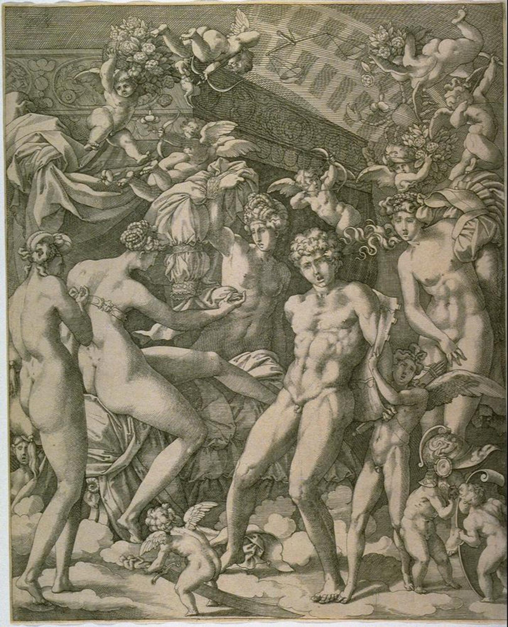 The nude figures of four women, a man, a winged boy, and numerous putti stand in front of a curtained bed. The man stands near the center of the crowd and gasps, apparently in shock, as his jacket is pulled off by the young boy behind him. The woman seated on the bed beckons toward the man.