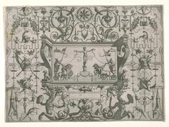 Within an elaborate decorative framework consisting of griffins, birds, dogs, and fantastic half man-half beast creatures is a central panel with the image of a nude woman standing on a column holding a victor&#39;s wreath in either hand. Approaching for either side is a man in a quadriga holding a banner; each also holds a line that extends up to the wreath in the woman&#39;s hand.