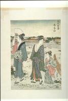In this print, one of a series of ten views of "tea house" districts, Kiyonaga has depicted two women and a child strolling along the shore by the sea wall at Takanawa. A woman at left shields her eyes from the summer sun with her fan, and has her obi tied in front of her.  The younger looking companion holding her hand wears a gaily flowered kimono, which has fallen wide open.  A child walks with them, gesturing to the side of the print.  The front portion of a boat and wall of a town or temple lie behind them.<br />This is an especially well-preserved print, where even the indigo blue is still visible.