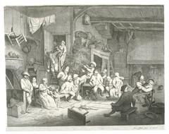 This print portrays a lively interior scene in the 17th century Dutch Republic. There are many figures around the large room, including men, women, and children. At the far right a man tries to embrace a resisting woman. Beside them, a man and a woman dance while a fiddler plays and others look on. On the left, a woman tends to a child as behind her a couple descend a wooden stairway from an upper floor. There are items such as cured meat, a lantern, a chair and laundry, hanging around this room.