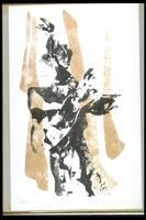 This print has a few bold, vertical, brown strokes over a figure in black wearing a hat with a bird or small animal settling on the top. 