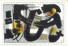 In this abstract print, wide, curved black lines are layered over spots of pale bluish grey and shades of yellow. Wide swaths of grey exist in the background. 