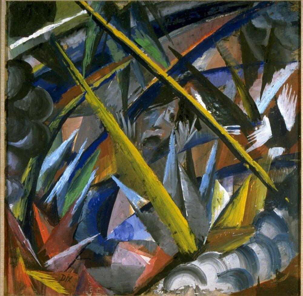 A human face in anguish, with hands raised to his cheeks, looks out from the center of a visual field full of slashing diagonals and explosive triangles of color. On the left side, smoke billows.