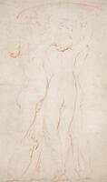 This loose sketch in red crayon depicts three nude female figures standing on the tips of their toes with their arms raised holding up a large round object that appears to have foliage underneath it. The central figure stands with her back to the viewer while the two figures flaking her are seen from the side. <br />