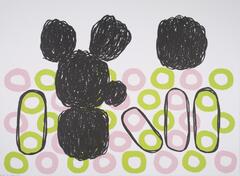 This is a horizontal print with black, pink and green colors on a white background. There are pink and green rings covering the lower portion of the work. Over these are black lines that connect some of these rings and a group of five black circles filled with squiggly lines.
