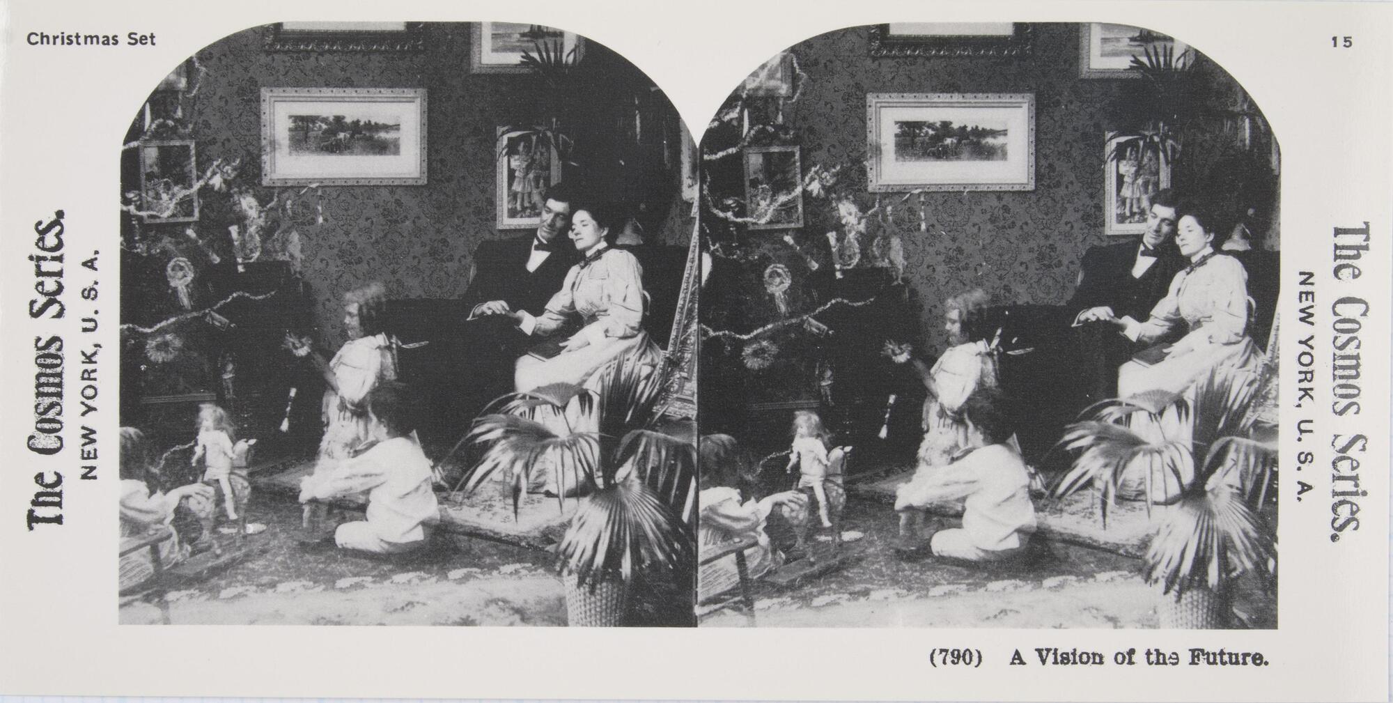 This black and white stereoscopic image features two images of three children playing with toys under a Christmas tree as their mother and father watch on from a sofa.  It is surrounded by the text: Christmas Set; The Cosmos Series; (790) A Vision of the Future.<br />