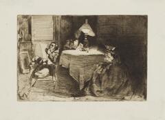 Three figures, two men and a woman, are seen seated around a round table with a lamp; all are engaged in reading in the pool of light provided by the lamp. The rest of the interior is fairly dark, particularly in the portion of the room behind the lamp. The man at the back of the table is shown roughly face-on; the man to the left is leaning back with his legs stretched out in front of him; the woman is closest to the viewer, shown in profile, holding her book fairly close to her face.
