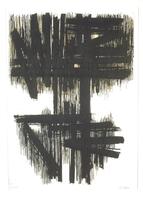 This abstract composition has the form of a Latin cross, but with black lines criss-crossed in the upper and lower portions, connected by a thick vertical line that stretches between both portions. Thin vertical lines also cover the upper and lower areas of the composition.