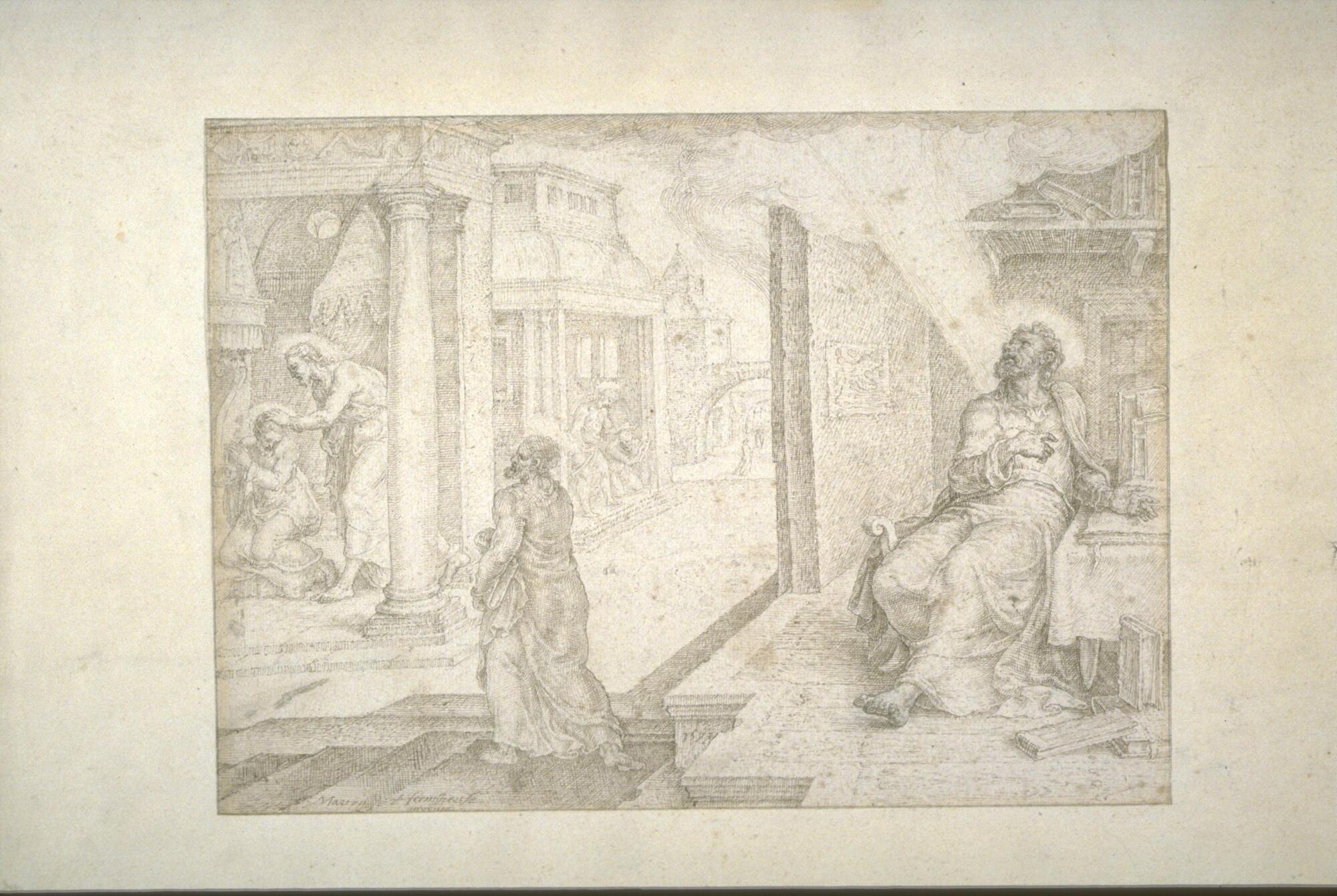 A series of architectural spaces unfold, each showing figures engaged in some activity. At right, the largest figure is shown seated looking upwards towards a light source. The same figure, somewhat smaller, walks from right to left towards a small architectural space at the left where the same figure lays a hand on the head of a kneeling woman. Other scenes continue into the distance.