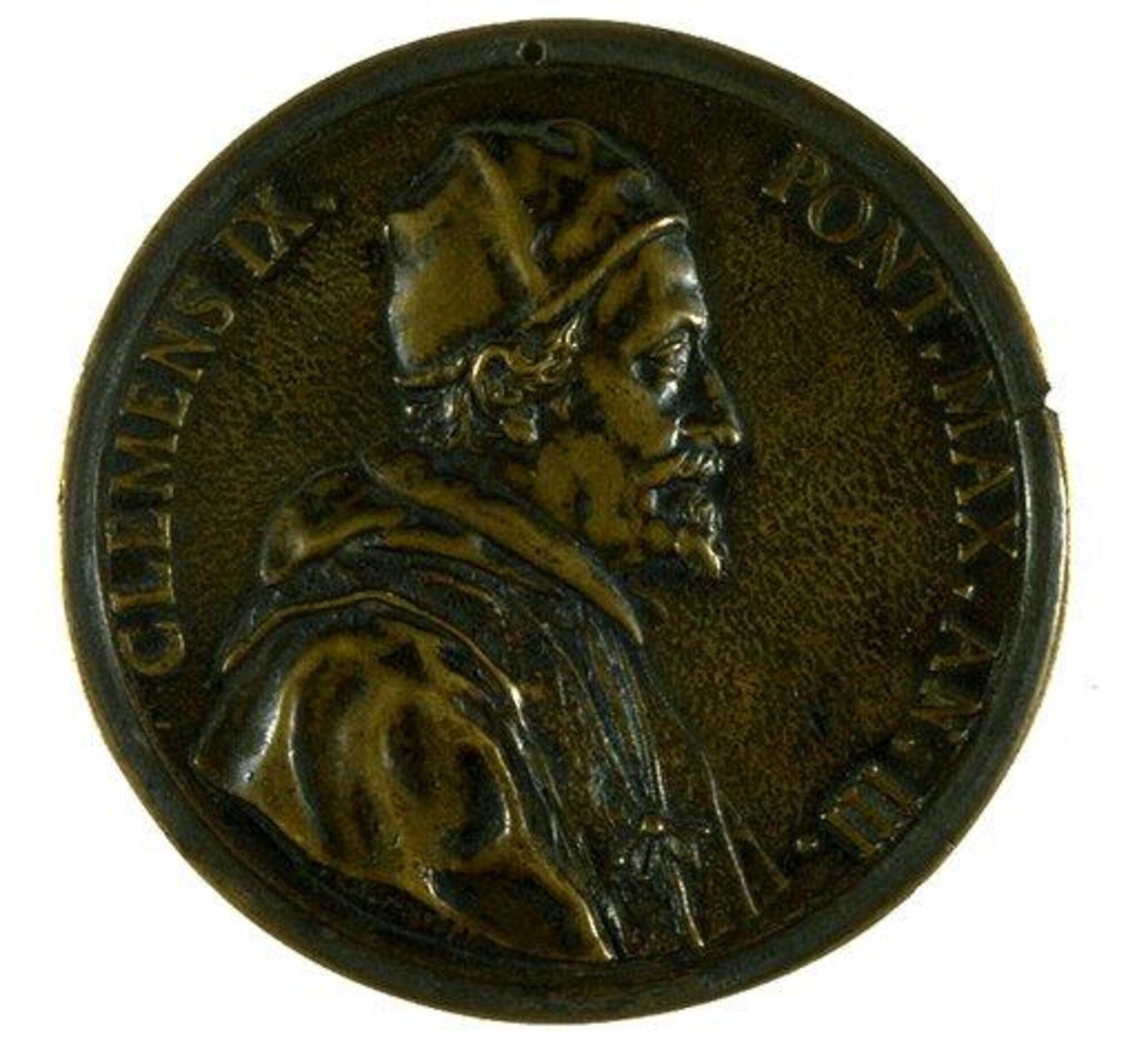 The front (obverse) of the medal presents a profile portrait of a bearded man wearing a cassock, cap, and stole. The reverse depicts a bridge spanning a river. A winged figure flies above the bridge blowing a trumpet, while a nude male figure reclines below the bridge in the foreground and a wolf nurses at his feet. Inscriptions run around both the border edge of both sides of the medal.