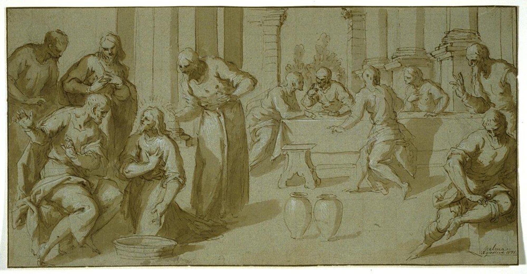 This pen, ink, and wash drawing on blue-gray paper is horizontally oriented. It portrays an open interior space, and on the left is a scene in the foreground with Christ with a halo, surrounded by four figures. Christ is kneeling before a seated man, with his right hand over his heart and his left arm indicating a basin of water on the floor. The seated man twists towards Christ with his arms stretching out away from Christ. All of the figures are dressed simply in flowing robes. The right side of the drawing portrays four figures in the background around a table by an open doorway gesturing in conversation. In front of the table are two vessels and a stool. At the far right, in the foreground, are two more figures, one seated on an object that bears the artist&rsquo;s signature, and the other standing behind him and making a hand gesture towards Christ.
