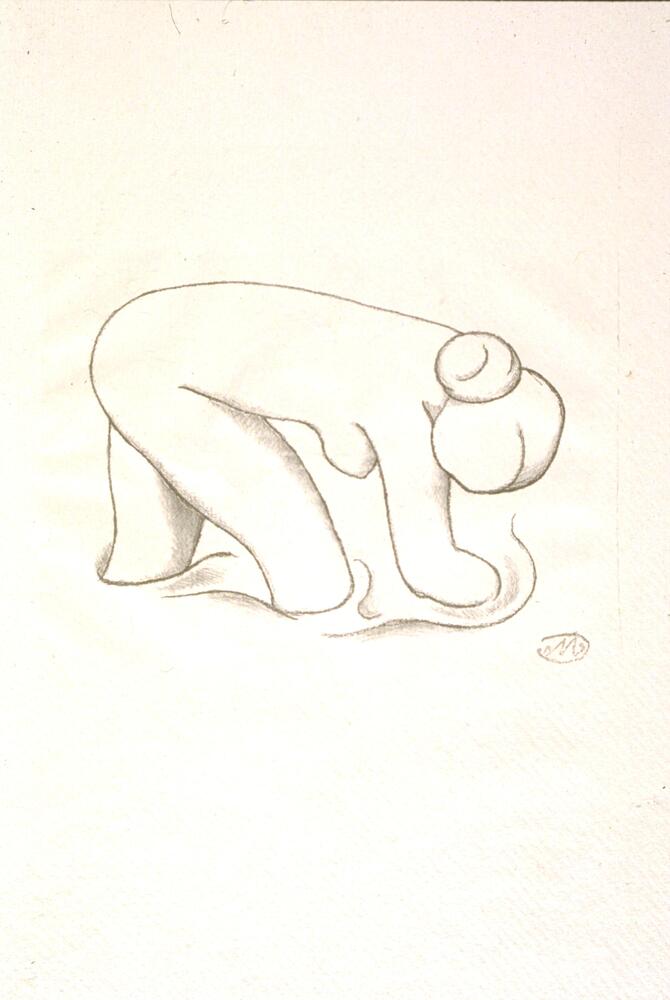 Delineated image of a nude female figure viewed from the side bending over in a shallow body of water