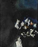 This oil painting has an abstract composition at the lower right with clusters of white patches against a black and deep blue background. The painting is signed and dated (l.c.) "Raza '63".