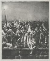 In a nocturnal setting, a large crowd of people is corralled into a space encased by a railing.  The figures are in various states of distress and unrest.  