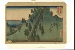 The dark color pallette and black strip across the top indicate that the image is set at night.  A mountain with pine trees and steps leading to the top loom over the image. The sea appears behind the mountain in the distance.