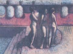 Three nude women stand on a dock in front of a ship. Two of the women's faces are turned to look at the ship, while the middle woman is facing the artist. Her face is in blue. They each seem to be holding an object.