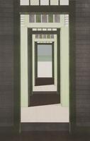 A color lithograph print depicting a one point perspective view of a series of door entrances.
