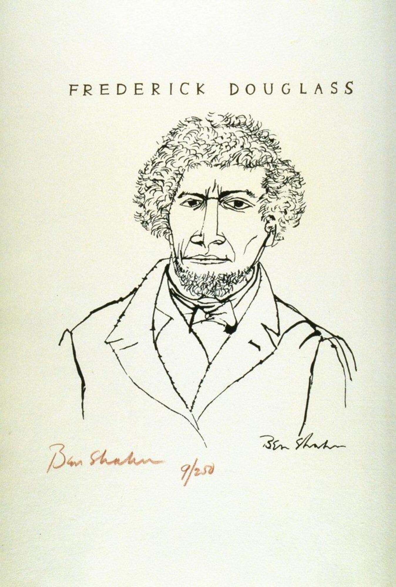 A man is potrayed with curly hair and beard, a stern facial expression, and a formal suit and bowtie. His gaze is slightly off-center. The words &quot;Frederick Douglass&quot; borders the piece along with the artist&#39;s signatures and the screenprint number.