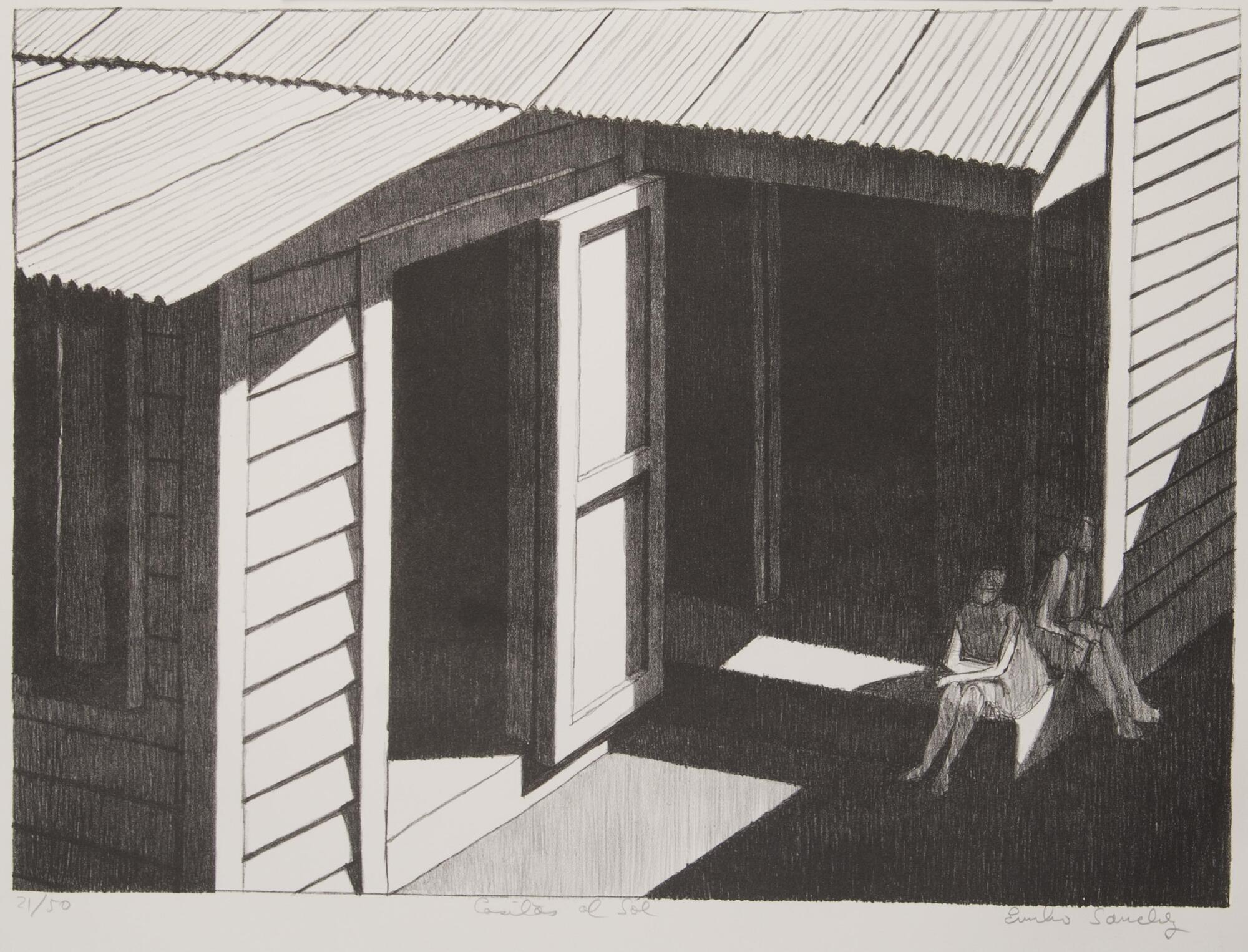 A high-angled view of a house with two women sitting on its stoop.  In the frame the house has an inverted corner, putting the women in the shadows of the larger portion of the home.