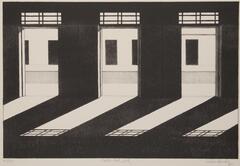 A black and white lithograph depicts three door entrances from the inside of the building, and the shadow of the door frame is seen on the ground.