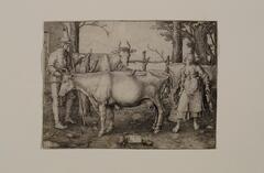 This engraving is horizontally oriented. The length of a cow (with its head to the left and its tail to the right) is the focal point, taking up about a third of the image. At the cow&rsquo;s head on the left, a barefooted man with a hat leans on a pole and rests his arm on a tree trunk. Behind the man is another cow with horns and he is standing in front of a building. The ground is rocky and a fence made of thin tree trunks runs along the background. At the cow&rsquo;s tail on the right, is a peasant woman with bare feet. Her head is covered with a cloth and she labors to carry a heavy wooden milk bucket. Several trees and another cow are behind her. A small plaque on the ground in the foreground contains an inscription.