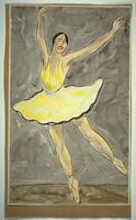 This is a drawing of a female ballet dancer. Her dark hair is pulled back and she wears a yellow tutu. The dancer is en pointe and leans slightly to her right; her left leg is raised above the ground, and her hands are raised above her head.