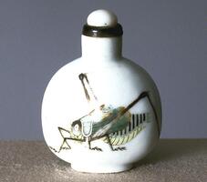 White, round snuff bottle with painted design of a cricket.