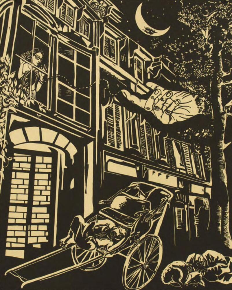 No. 3 of a series of 27 prints. A simple, two-tone palette.&nbsp; A woman looks out from a second-story window on a moonlit night. Outside, a disembodied hand seems to beckon her. On the street below a man sleeps atop a rickshaw, while another man and dog sleep nearby. &nbsp;<br />
Sultana&#39;s Dream was printed and published by Durham Press in 2018.<br />
&nbsp;