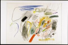 Abstract composition with blue, red, yellow, and black lines and shapes. Many of the lines appear to be frantic and scribbled. Some of the lines appear to form capital letters like D, E, and B. There could be a face on the right side of the paper with one black and one red eye and yellow hair and a yellow nose. 