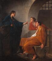 This painting shows the interior of a large prison room. There is a thick stone wall and iron grating. Three figures are the focal point of this composition. One man, in a dark blue cloak, is standing and faces two other men who stare intently at his face. One of them is seated with a leg iron, on a stone bench and the other leans on a stone ledge. They are are dressed in simple brown cloaks. The standing figure has a raised left arm and is gesturing with his hand outstretched toward the other figures.<br />