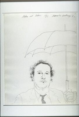 This print shows a drawing of a man holding an umbrella in his left hand. The man is only shown from mid-chest, has curly, short hair and wears a jacket and tie. Text at the top of the page identifies the portrait as "Peter at Odins". Next to this text, the print is numbered, signed and dated (u.r.) "62/80 David Hockney 72" in pencil.