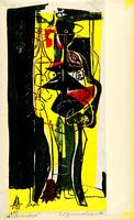 This is a vertically arranged abstract print that incorporates sets of facial features (and perhap legs) that stare out at the viewer. The colors in the print are predominately yellow on the right and black on the left; green, red, and white are also used.