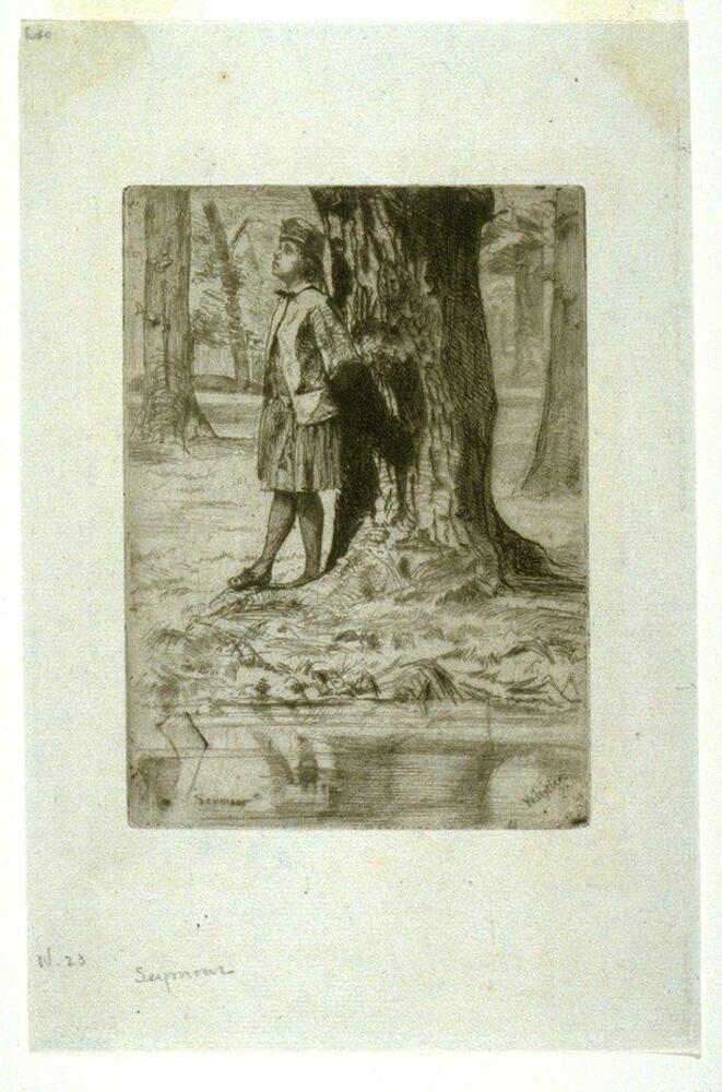 A young boy stands in profile, leaning against the trunk of a tree set in a woods with reflections in the foreground of a pond or small stream. The boy faces the light, casting deep shadows against the tree, and looks upwards.