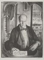 A portrait of the artist, man in suit and tie seated, right hand sketching on a pad of paper.