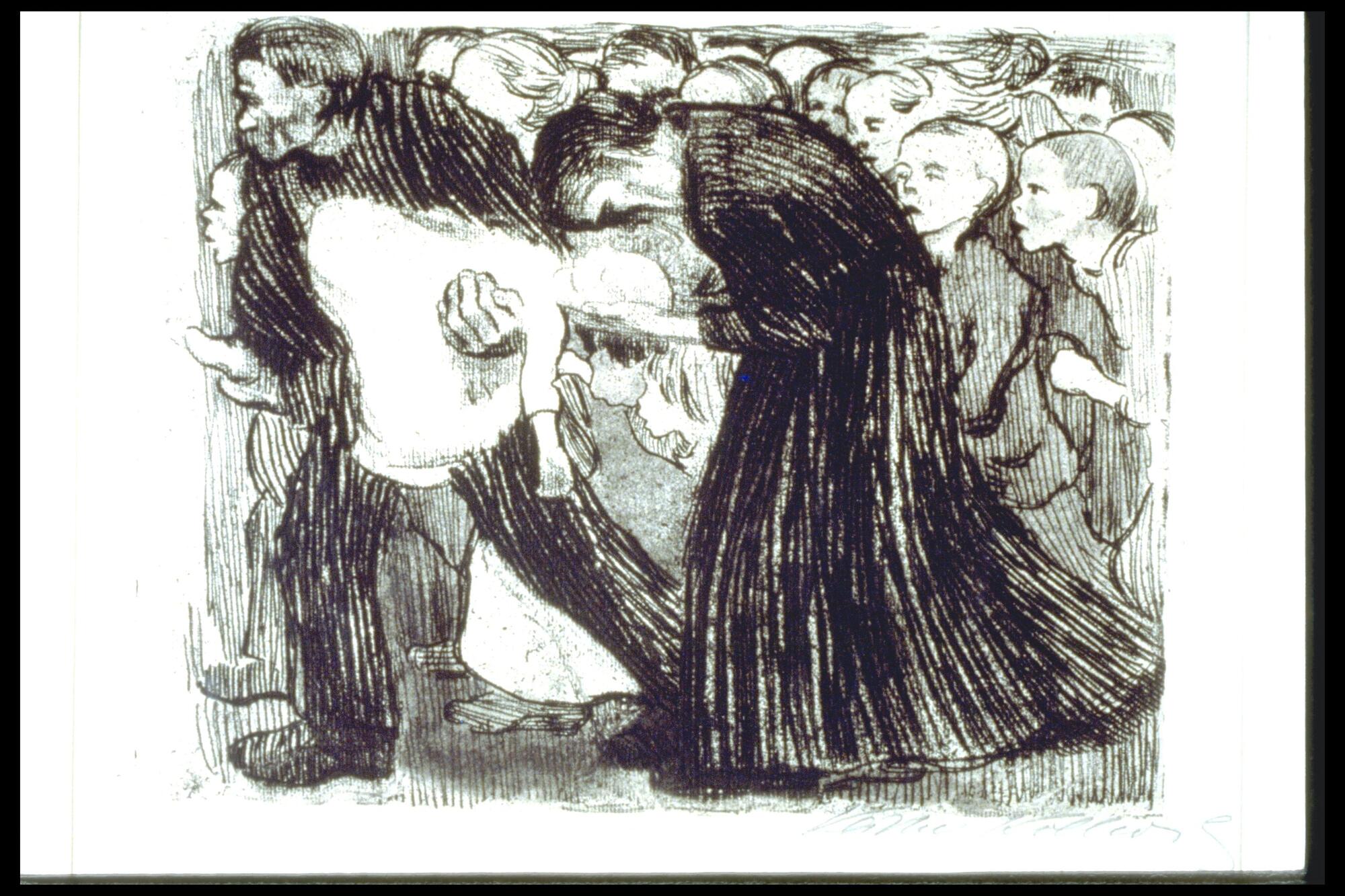In the foreground, a man and a woman carry a child as they move to the left of the page. The man carries the child&#39;s body, while the woman holds the childs head. The man&#39;s face is turned towards the left, while the woman&#39;s head is bowed toward the child. The man and woman are dressed in dark clothes, while the child is shown in white. The child&#39;s arm hangs limp. A crowd of children is gathered in the background, looking at the three main figures.