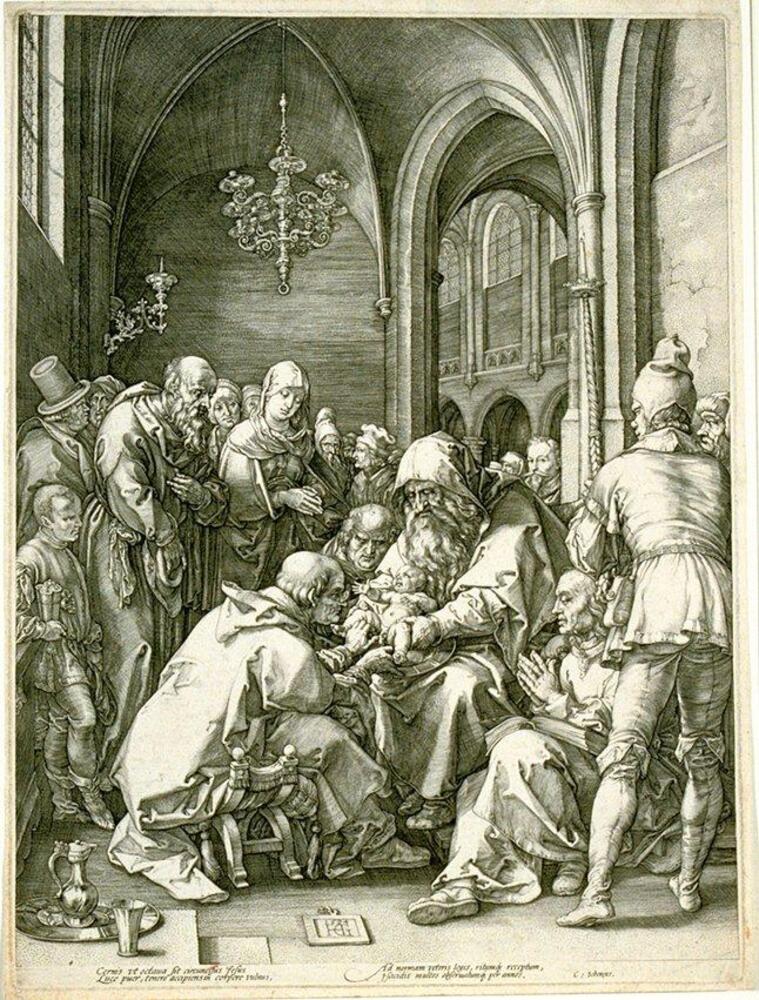 A crowd gathers in the side chapel of a church around a group of seated figures and an infant. A man with a long flowing beard sits and holds the infant in his hands above a plate, while another man leans forward in his chair and peers through his spectacles at the child as he performs a circumcision. A plaque with the artist&#39;s initials, &quot;HG,&quot; lies on the floor in the foreground.
