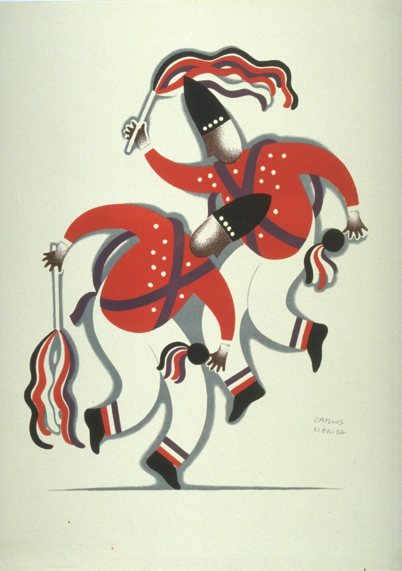 Centered on the page, this print shows two figures. They both wear white pants trimmed in red and purple and a red shirt with white spots. Both figures have purple suspenders and a black hat with four white spots around the brim. Each figure holds a round black object with black, red and purple flares in one hand and a white pole with black, red, white and purple flares in the other.
