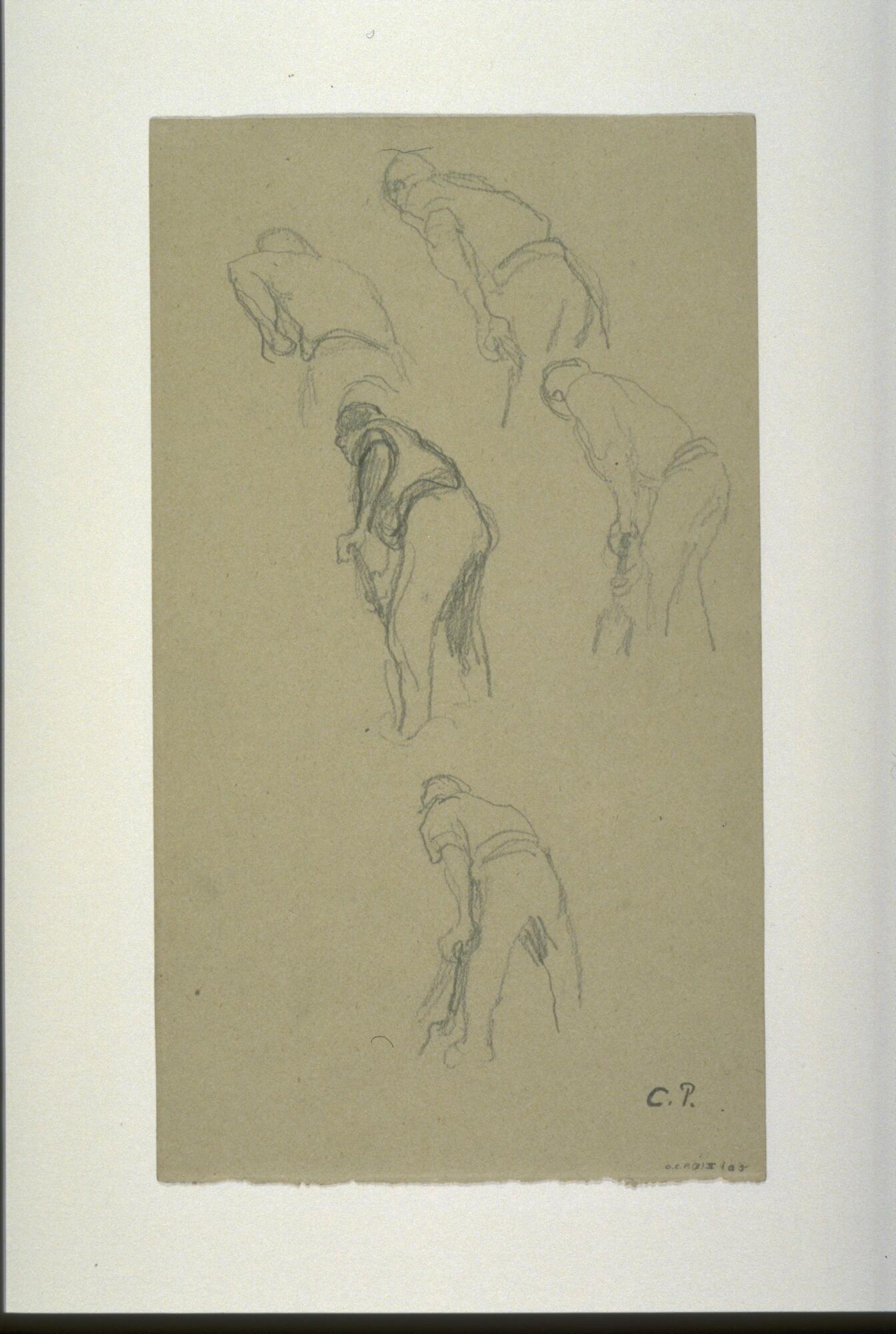 This quick pencil study shows five sketches of a man digging; he is not seen in a single pose, but these sketches seen from behind explore a number of actions that are part of the digging.