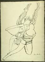 A winged figure draped in a toga has descended upon a non-winged figure and is attempting to bind.  The non-winged nude figure has their hands behind their back and with one knee bent and the other leg extended, submits to the winged figure.  Both figures do not have any facial features.