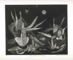 This print has an abstract, monotone composition of irregular shapes set against a dark background. Two stars are at the top of the print alongside a white orb that looks like a moon. The print is numbered (l.l.) "15/20", titled (l.c.) "Illuminated Landscape" and signed (l.r.) "Chet La More" in pencil. 